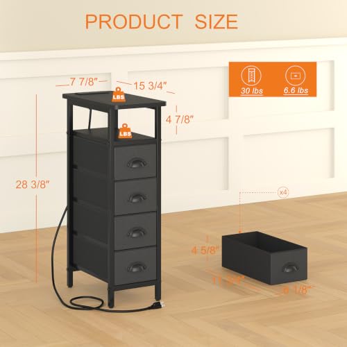 sthmec Nightstand Set 2 with Charging Station, Narrow End Table Set of 2 with 4 Drawers, LED Side Table with Fabric Drawers,Slim Sofa Couch Tables for Small Spaces,Living Room,Bedroom, Black - color: Black, style: Power & LED
