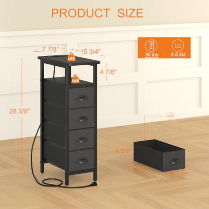 sthmec Nightstand Set 2 with Charging Station, Narrow End Table Set of 2 with 4 Drawers, LED Side Table with Fabric Drawers,Slim Sofa Couch Tables for Small Spaces,Living Room,Bedroom, Black - color: Black, style: Power & LED