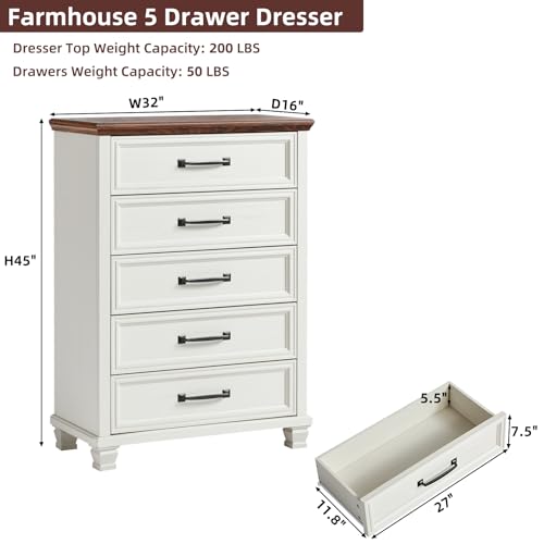Farmhouse 5 Drawer Dresser for Bedroom, White | 45” Tall Vertical Dressers Chest of Drawers with Reinforced Top & Square Wooden Legs - color: White, size: 16"D x 32"W x 45"H (5 Drawers)