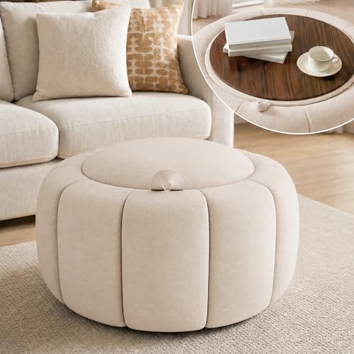 Tbfit Round Storage Ottoman - No Assembly Required, Storage & Sturdy Structure Multi-Functional Seat/Footrest for Living Room, Bedroom & Kids Room Soft Fabric for Family Home Use，Beige - color: Beige-velvet