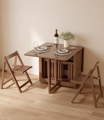 AnywaysWood Solid Wood Folding Dining Table with 2 Foldable Chairs Set, Space Saving Extendable Wooden Drop Leaf Table for Kitchen Dining Living Room Small Spaces - size: 55 Inch Wood Foldable Table with 2 Chairs