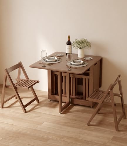 AnywaysWood Solid Wood Folding Dining Table with 2 Foldable Chairs Set, Space Saving Extendable Wooden Drop Leaf Table for Kitchen Dining Living Room Small Spaces - size: 55 Inch Wood Foldable Table with 2 Chairs