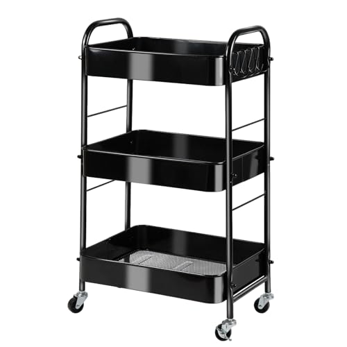 SUNLPH 3-Tier Rolling Utility Cart with Stopper Caster Wheels and 4 Hooks, Easy Assembly, for Kitchen, Bathroom, Living Room, Office (17.7”L x 12.2”W x 29.1”H, Black)