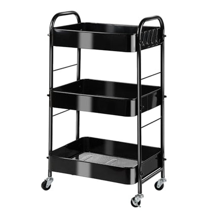 SUNLPH 3-Tier Rolling Utility Cart with Stopper Caster Wheels and 4 Hooks, Easy Assembly, for Kitchen, Bathroom, Living Room, Office (17.7”L x 12.2”W x 29.1”H, Black)