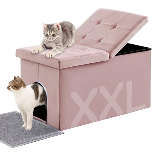 MEEXPAWS Cat Litter Box Enclosure Furniture XXL Velvet Lift Design Lid | Extra Large Hidden Cat Washroom Bench Ottoman, Storage Cabinet Dog Proof, Urine Proof, Easy Clean, Quick Assembly, Pink - color: Pink, size: XXL 35.4'' x W19.7'' x H19.7''
