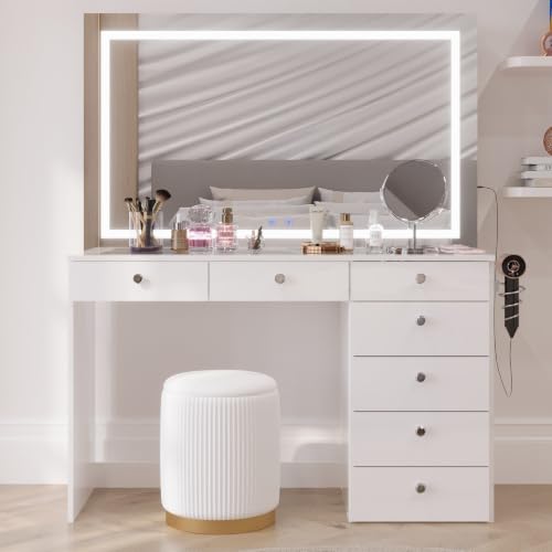 Boahaus Luna Vanity Desk with LED Lighted Mirror – 7 Drawer Integrated Makeup Station - color: White