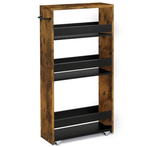 TEAMIX Slim Rolling Storage Cart, Wood 4-Tier Narrow Kitchen/Laundry Cart | 5.5"W Thin Cabinet with Wheels and Handle, Use as Spice Rack Next to Fridge, Laundry Room Organization Between Washer & Dryer - color: Brown+black, size: 5-1/2'' W