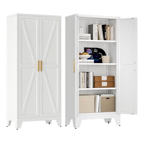 61" Tall Farmhouse Metal Pantry Cabinet, Kitchen Pantry Storage Cabinets with 2 Barn Door and Adjustable Shelves,Metal Pantry Storage Cabinet,for Kitchen,Laundry Room,Home Office,Kids Room (White) - color: White, size: 61" - Pantry Cabinet - 2 Door