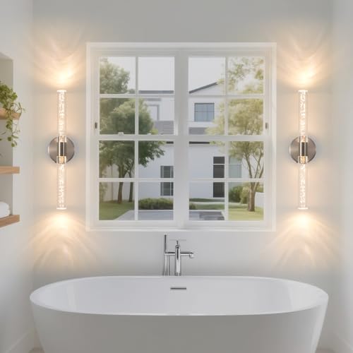 Modern LED Battery Operated Wall Sconces Set of Two, Dimmable Bathroom Crystal Wall Sconce, USB Rechargeable Brushed Nickel Vanity Wall Lamp, Bubble Wall Lights For Bedroom, Living Room. 20-Inch - color: Brushed Nickel