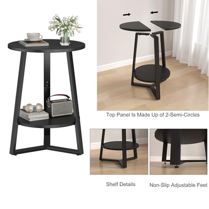 sthmec Small Round End Table, 2 Tier Side Table with Storage Shlef,Coffee Table Wooden Tabletop & Metal Frame,Round Accent Table Small Nightstands Couch Tables for Bedroom,Livingroom, Black - color: Black
