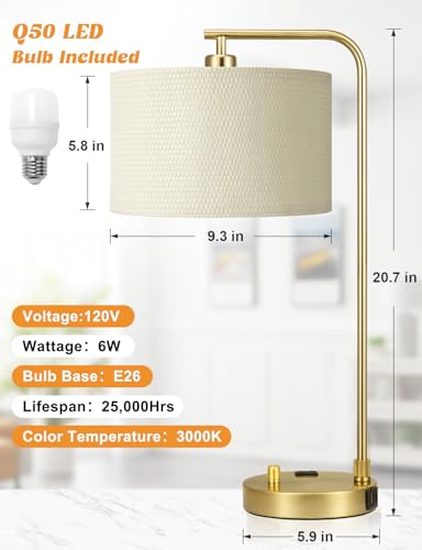 Innqoo Gold Table Lamp with Weaving lampshade, Table Lamp for Bedroom with USB Port and Outlet, Dimmable Nightstand Bedside Lamps with Linen Lampshade, Desk Lamp for Home Office, Living Room - color: I-Weaving Shade & Gold Base