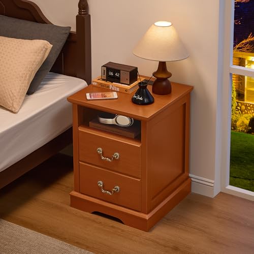 Farmhouse Night Stand with Charging Station, Caramel | 2 Drawers End Tables Bedroom, Bedside Table with Rustic Handles & Floor-Standing Thickened Foot & Open Shelf - color: Caramel, size: 18"D x 18"W x 24"H (2 Drawers)