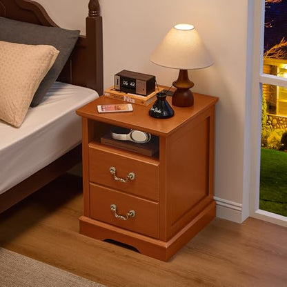 Farmhouse Night Stand with Charging Station, Caramel | 2 Drawers End Tables Bedroom, Bedside Table with Rustic Handles & Floor-Standing Thickened Foot & Open Shelf - color: Caramel, size: 18"D x 18"W x 24"H (2 Drawers)