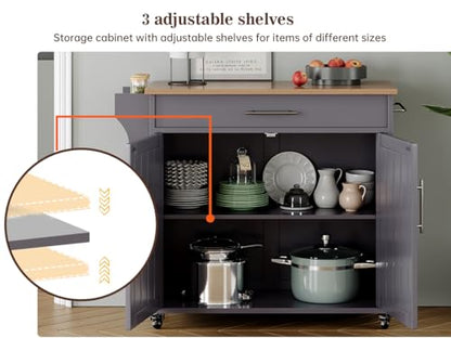 Kitchen Storage Island, Wooden Rolling Island On Wheels with Countertop, Mobile Kitchen Island Cart with Towel Rack, Spice Rack and Drawers, Grey - color: Grey