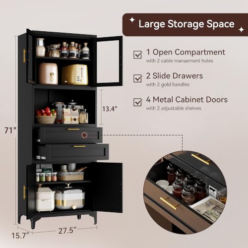 71" Kitchen Pantry Cabinet, Metal Storage Cabinet with 2 Drawers and Adjustable Shelves, Freestanding Cupboard for Kitchen,Office, Black - color: Black, size: 71"H-BT