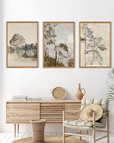UPWOIGH Neutral Landscape Framed Wall Art, 16 x 24 Inch, Set of 3 | Muted Tree and Countryside Prints, Soft Beige and Gray Tones, Light Wood Frames for Bedroom, Office and Living Room - color: Grey, size: 24"L x 16"W