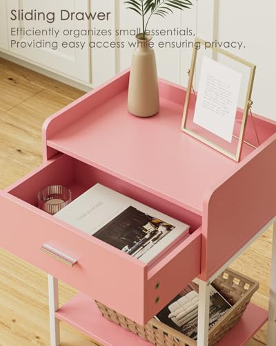 Masupu Nightstand,Bedside Table 3-Tier Modern Night Stand with Storage Drawer and Shelf,Small End Side Table for Bedroom,Living Room,Black (Without Outlet, Pink) - color: Pink
