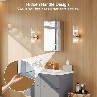 16" x 24" Bathroom Medicine Cabinet with Mirror, Recessed or Wall Mount | Medicine Cabinets with Adjustable Glass Shelves, Soft-Closed Hinge, Chrome Aluminum Frame, Reverse Installation - size: 16" x 24"