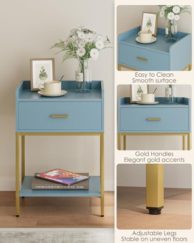Masupu Nightstand,Bedside Table 3-Tier Modern Night Stand with Storage Drawer and Shelf,Small End Side Table for Bedroom,Living Room,Black (Without Outlet, Blue) - color: Blue