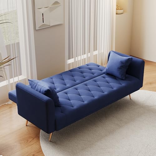Anwick 72''Modern Velvet Sofa Bed Futon,Convertible Folding Sleeper Couches with 3 Adjustable Backrests,Tufted Recliner Loveseat with Golden Chrome Legs for Living Room Apartment Office (Blue) - color: Blue