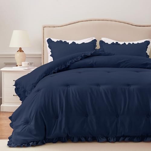 Queen Comforter - Navy Ruffle Comforter for Queen Size Bed, Fluffy Comforter Set for All Seasons, 3 Pieces Shabby Chic Bedding Set(1 Comforter & 2 Pillow Shams) - color: Navy, size: Queen