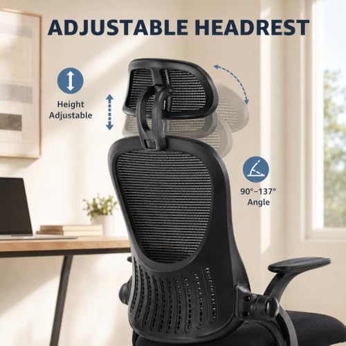 Black Ergonomic Office Chair, High Back Mesh Desk Chair with Adjustable Headrest Lumbar Support, Computer Chairs with Flip-up Armrests and Thickened Cushion for Adults Home Office, 360° Swivel - color: Black With Headrest
