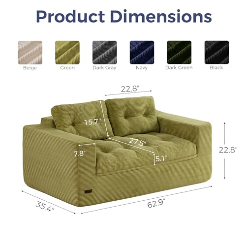 MAXYOYO 63" Boneless Sofa Couch, 2-Seater Cloud Couch Floor Loveseat for Small Space with Pillows, Tufted Floor Sofa with Layered Cushion for Apartment & Lounge, No Assembly Required, Green - color: Puffinest Style Green, size: 63" Loveseat