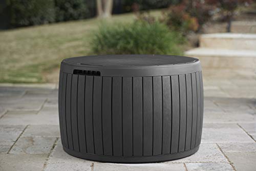 Keter Circa 37 Gallon Wood Panel Style Round Outdoor Deck Box and Storage Table, Grey - color: Grey