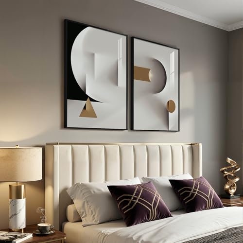 Large Framed Modern Elegant Abstract Wall Art, 2 Piece Black White Gold Geometric Prints Paintings Artwork for Walls, Minimalist Wall Pictures for Living Room Dining Bedroom Hallway Wall Decor 24x36 In - color: Black White Gold Geometry, size: 24" W x 36"