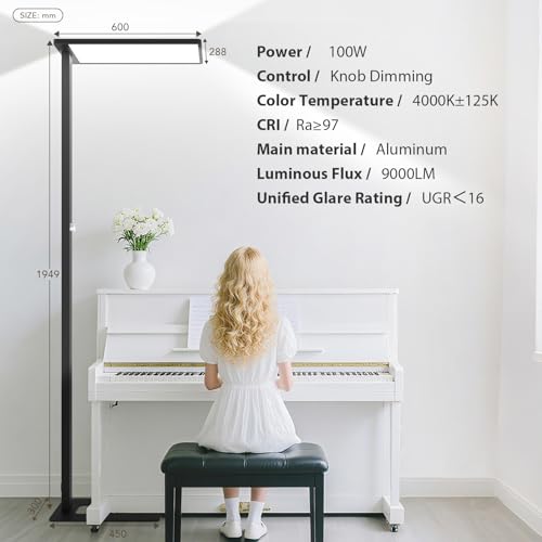 100W LED Floor Lamp, 76.8" Tall Reading Light, 9000LM Knob Dimming Standing Lamp, Full Spectrum Eye Care Reading Lamp, 4000K Natural Daylight for Study Room, Office, Living Room, Bedroom (Black) - color: Black