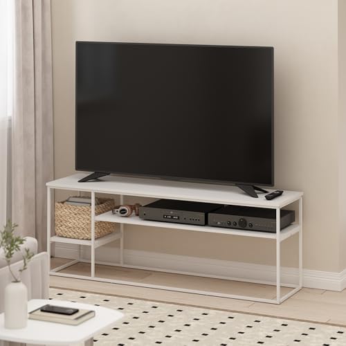 Furinno Moretti TV Stand for TVs up to 65 Inch, 3-Tier Grey Entertainment Center, Open Back TV Console with Cable Management, for Living Room, Bedroom, White - color: White, size: For 60" TV, Metal Frame