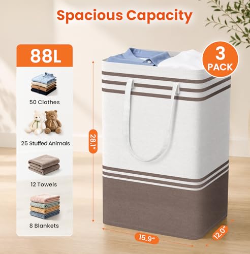 TranquilRelax 3-Pack Laundry Basket, Laundry Hamper, Khaki-88L | Freestanding＆Water-Resistant Laundry Hamper, Collapsible Tall Clothes Hamper with Carry Handles for Clothes, Laundry Basket - color: Khaki, size: 88L