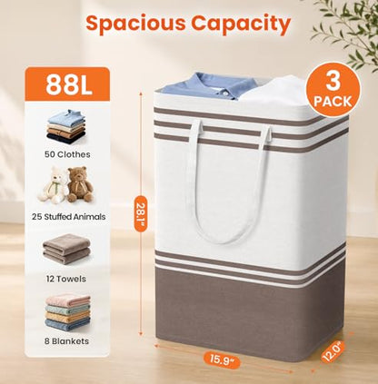 TranquilRelax 3-Pack Laundry Basket, Laundry Hamper, Khaki-88L | Freestanding＆Water-Resistant Laundry Hamper, Collapsible Tall Clothes Hamper with Carry Handles for Clothes, Laundry Basket - color: Khaki, size: 88L