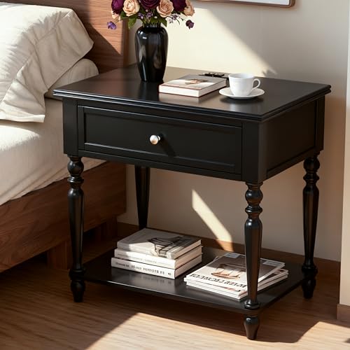 Solid Wood Nightstand with Charging Station, Traditional End Table with Drawers and Open Shelf, Bedside Table with Storage, Modern Side Table for Bedroom, Black - color: Black