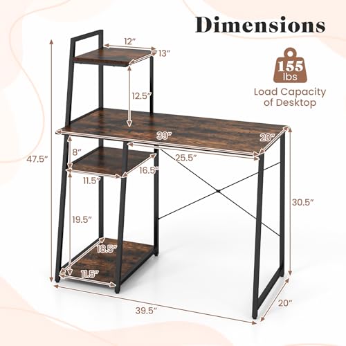 Tangkula Computer Desk with Shelves, Space Saving Home Office Desk with 3-Tier Ladder Shaped Storage Bookshelf, Modern Writing Study Desk with Metal Frame, Compact Computer Workstation (Rustic Brown) - color: Rustic Brown