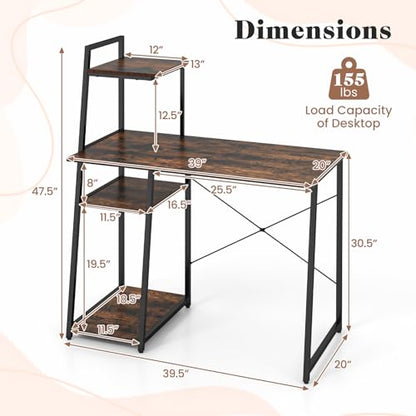 Tangkula Computer Desk with Shelves, Space Saving Home Office Desk with 3-Tier Ladder Shaped Storage Bookshelf, Modern Writing Study Desk with Metal Frame, Compact Computer Workstation (Rustic Brown) - color: Rustic Brown