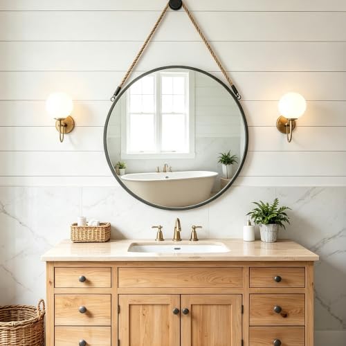 POZINO 24 Inch Round Mirror with Grey Metal Frame, Hanging Mirror for Wall | Circle HD Mirror with Jute Rope, Anti-Rust, Farmhouse Decorative Wall Mirror for Entryway, Living Room, Fireplace, Bathroom - color: Grey, size: 24"L x 24"W