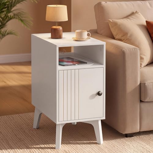 VASAGLE MAEZO Collection - End Table with Charging Station, Narrow Side Table, Nightstand with Tapered Legs, Curved Transitions, for Small Spaces, Bedroom, Cloud White ULET329W101S - color: Cloud White