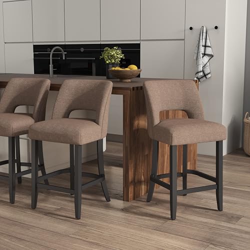 VKNOW Bar Stools Set of 4, 26" Upholstered Counter Height Bar Stools | Modern Counter Stools with Black Rubberwood Legs for Kitchen Island Dining Room Bar, Brown-Black Legs - color: Brown-black Legs, size: Set of 4