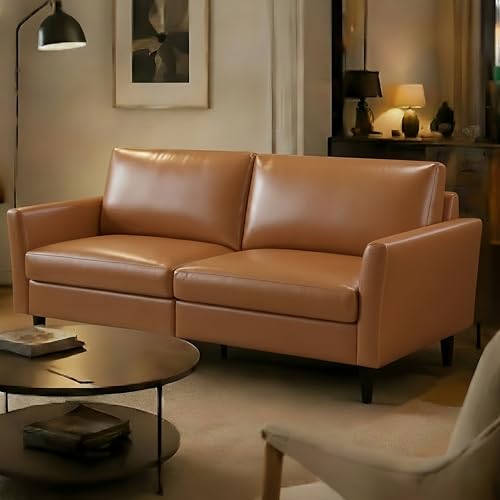 58" Faux Leather Loveseat Sofa, Mid Century Modern Leather Couch for Living Room, Small Love Seat for Small Spaces, 2-Seater Mini Sofa with Rolled Arms and Deep Seats, Easy Assembly, Mid Brown - color: Mid Brown, size: Loveseat