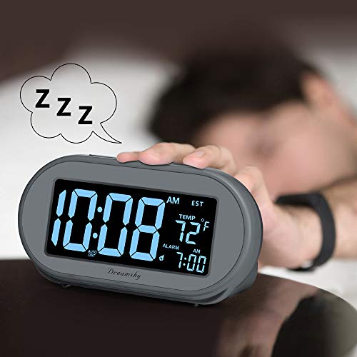 DreamSky Alarm Clocks for Bedrooms, Auto Set Digital Clock with Date & Temp | Electric Desk Clock with Dimmable Brightness Dimmer for Bedside Nightstand, Auto DST, USB Port, Temperature, Snooze - color: Gray