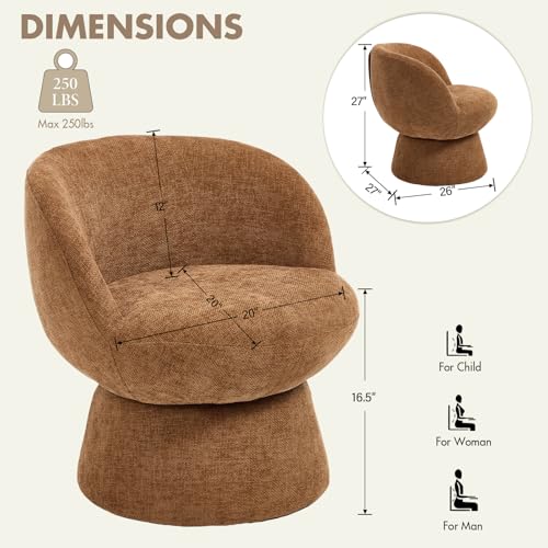 Modern Swivel Barrel Lounge Chair, Brown Chenille Accent Chair | 360° Rotation, Curved Back Support & Cozy Small Space Seating for Living Room, Bedroom & Reading Nook - color: Brown, size: 1 Chair