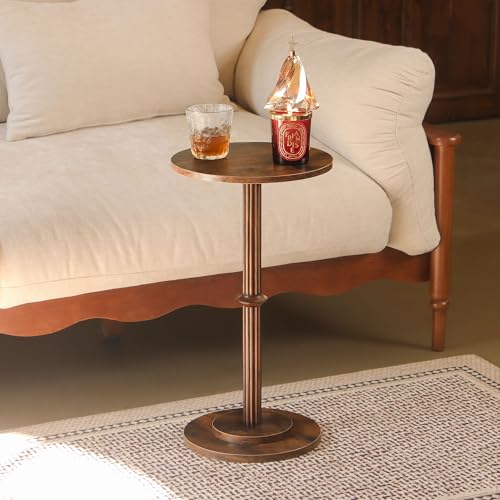 MaxSmeo Drink Table, Small Side Table for Small Spaces, Modern Round End Table with Fluted Wood Leg, Rustic Brown - color: Rustic