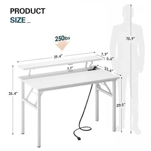 DlandHome 39" Computer Desk with Power Outlets & LED Lights, White, Bedroom | Folding Desk with Monitor Stand, Writing Study Table Gaming Desk, Metal Frame, Fully Assembled, Home Office Small Spaces - color: White + White, size: 39 Inches + Outlets