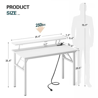 DlandHome 39" Computer Desk with Power Outlets & LED Lights, White, Bedroom | Folding Desk with Monitor Stand, Writing Study Table Gaming Desk, Metal Frame, Fully Assembled, Home Office Small Spaces - color: White + White, size: 39 Inches + Outlets