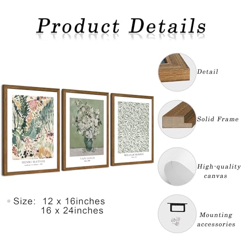 JLTULT Matisse Wall Art Set of 3, Solid Wood Framed Canvas, 16 x 24 Inches | Sage botanical prints by Matisse, Van Gogh and William Morris on fade-resistant canvas with ready-to-hang solid wood frames - color: Matisse, size: 24"L x 16"W