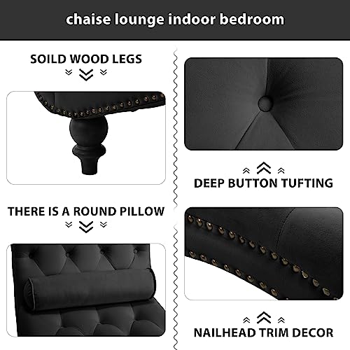Button-Tufted Chaise Lounge Indoor, Velvet Chaise Lounge Chair with Legs & Toss Pillow, Armless Rolled Backrest Leisure Sofa Recliner for Living Room Bedroom (Black) - color: Black Velvet