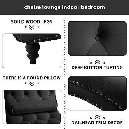 Button-Tufted Chaise Lounge Indoor, Velvet Chaise Lounge Chair with Legs & Toss Pillow, Armless Rolled Backrest Leisure Sofa Recliner for Living Room Bedroom (Black) - color: Black Velvet
