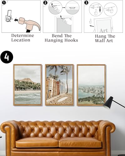 UPWOIGH Hawaii Coastal Framed Wall Art, 16 x 24 Inch, Set of 3 | Surfboard Beach, Diamond Head and Honolulu Prints, Soft Coastal Tones, Light Wood Frames for Living Room and Office - color: Grey Hawaii, size: 24"L x 16"W