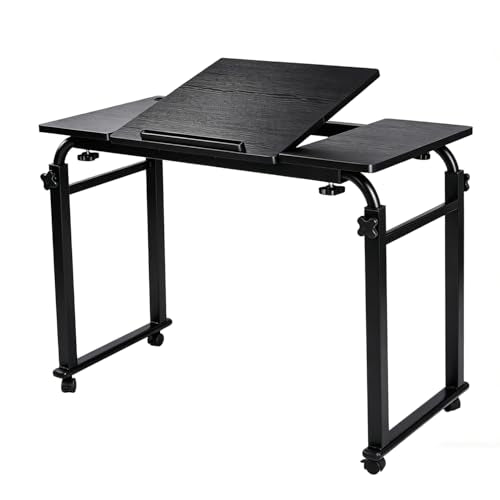 Overbed Laptop Cart Over The Bed Table with Wheels Adjustable Bed Hospital | Height length adjustable portable table hospital bed table tilting top recliner sofa bed table sturdy mobile rolling desk - color: Black